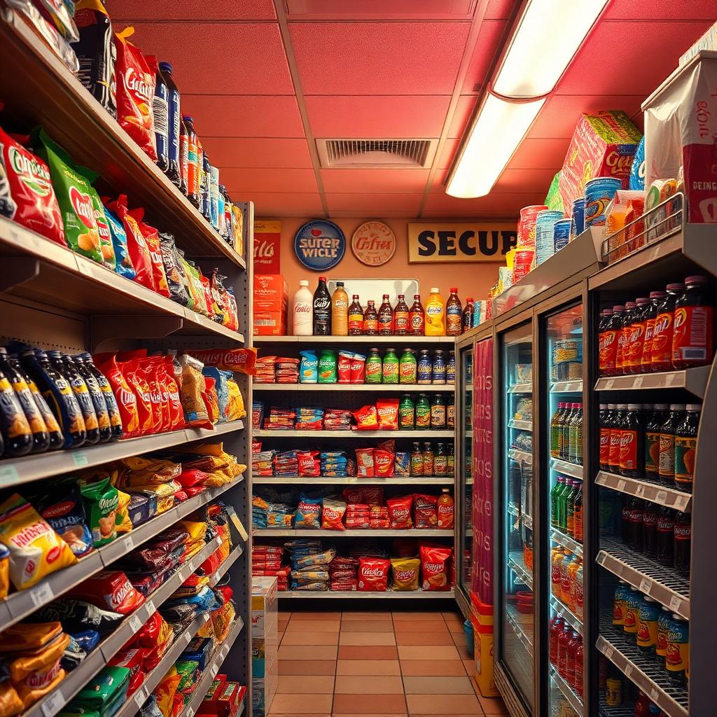 Aisles stocked with candy, chips and snacks