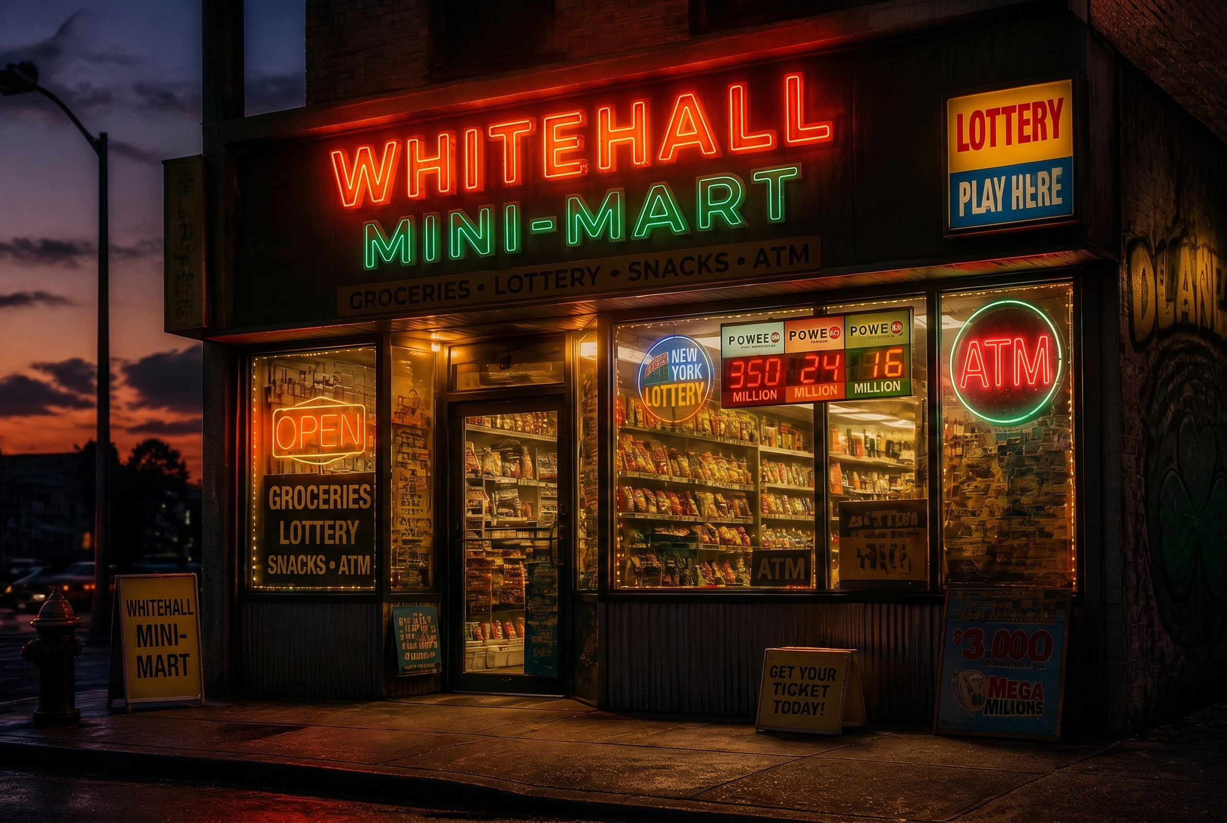 Whitehall Mini-Mart storefront with neon lottery signage
